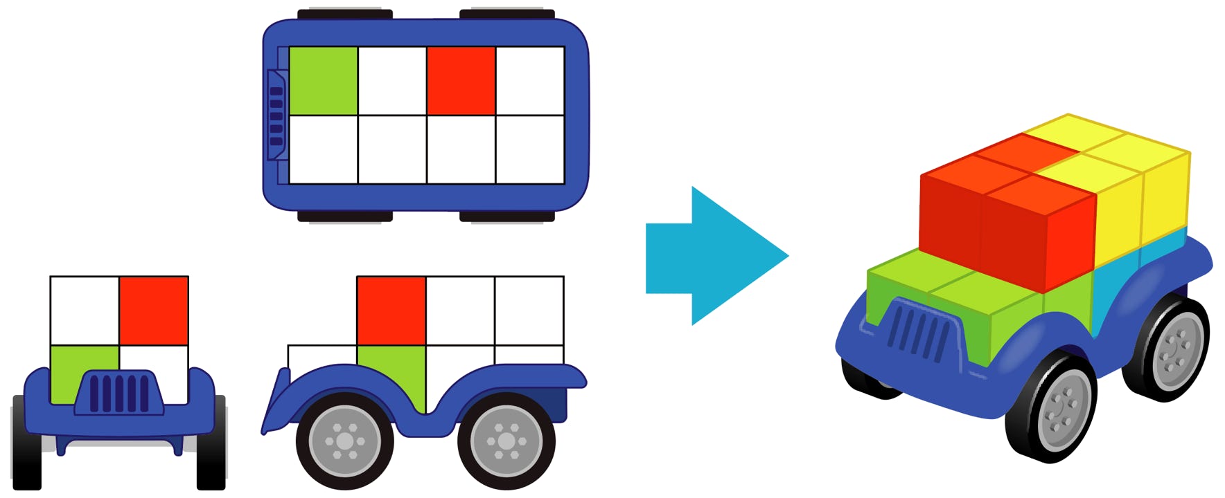 example of a challenge and solution of SmartCar mini, a 3D puzzle game by SmartGames